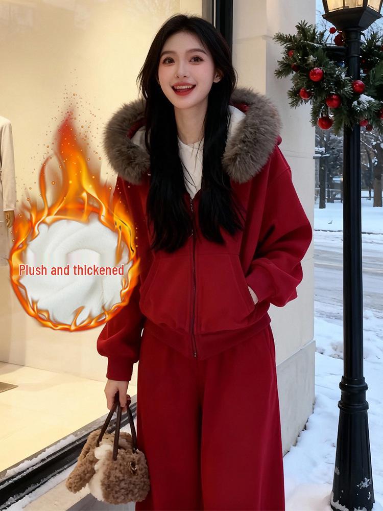 2026 Autumn Winter Women's Elegant Casual Velvet Hoodie and Pants Set