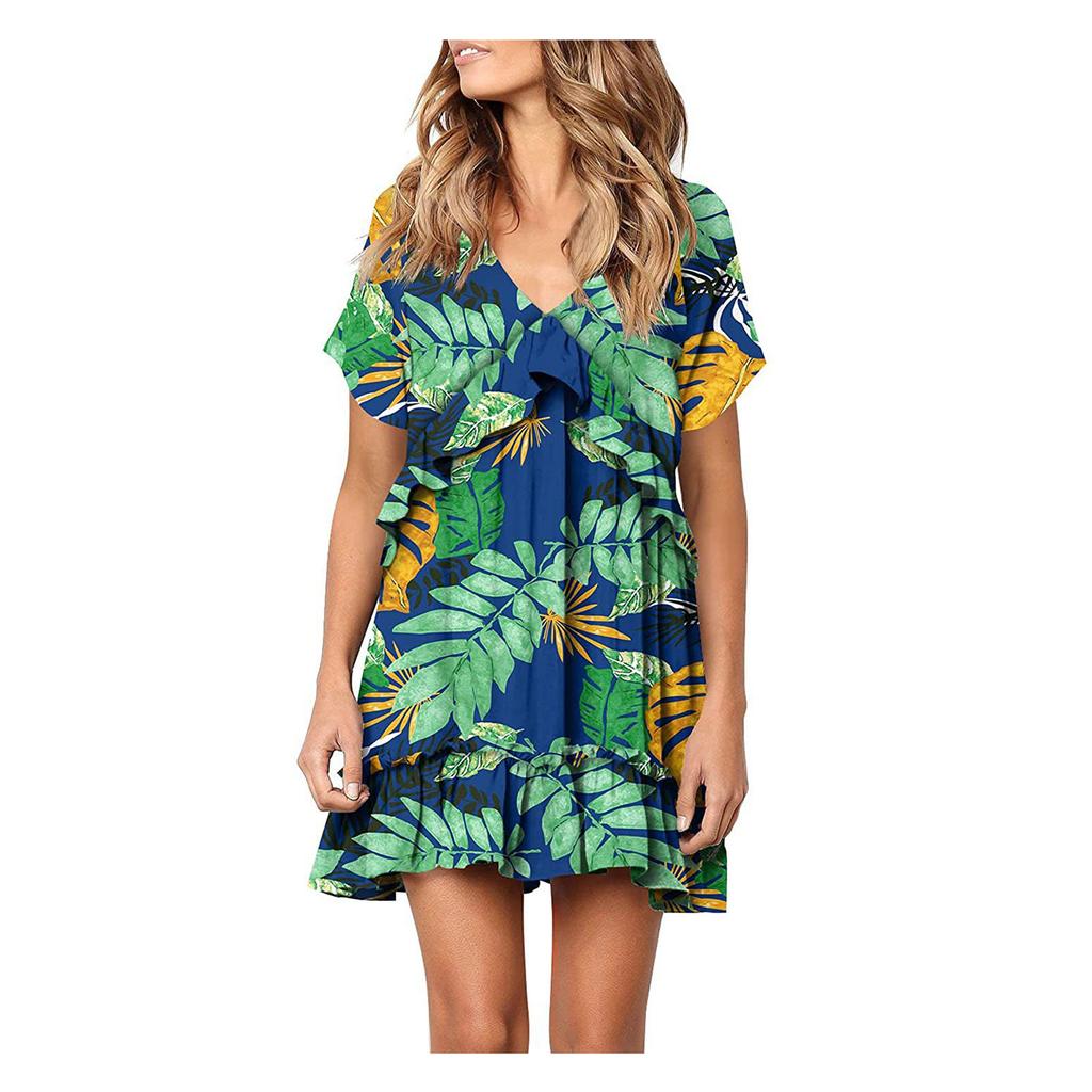 Fashion Women V-neck Printed Short Sleeve Dress Fresh Girly Style Dress