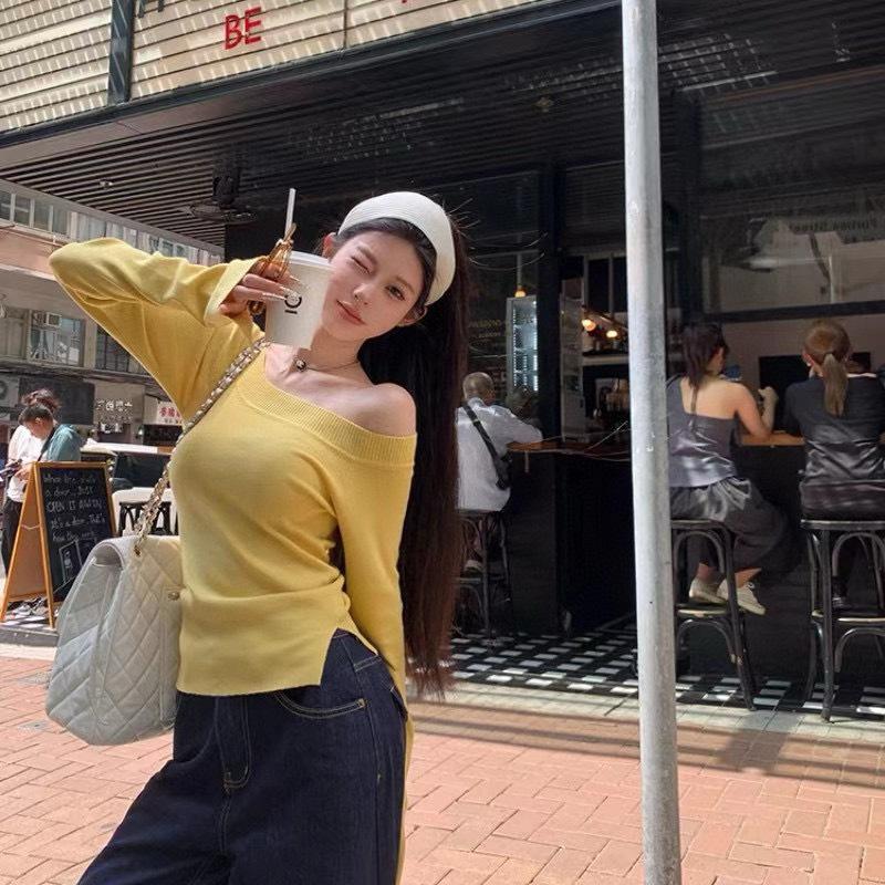 Sexy Pullovers Women Off Shoulder Cropped Knitted Basic Clothes Autumn All-match Side Slit Simple Tender Slim Gentle Seductive