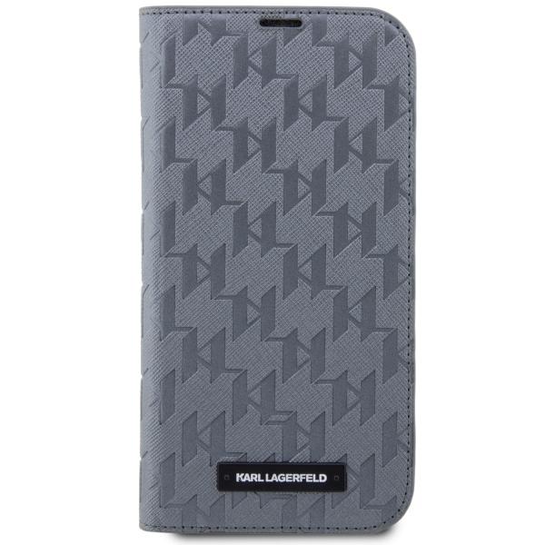 Etui z klapką do iPhone 14 Pro Karl Lagerfeld Saffiano Monogram Srebrny