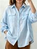 Women's Oversized White Linen Texture Button-Up Shirt with Double Flap Pockets - Summer Casual Vacation Top.