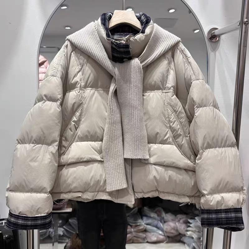 Premium stand-up collar short down jacket women's winter retro plaid splicing thickened knitted hat bread jacket