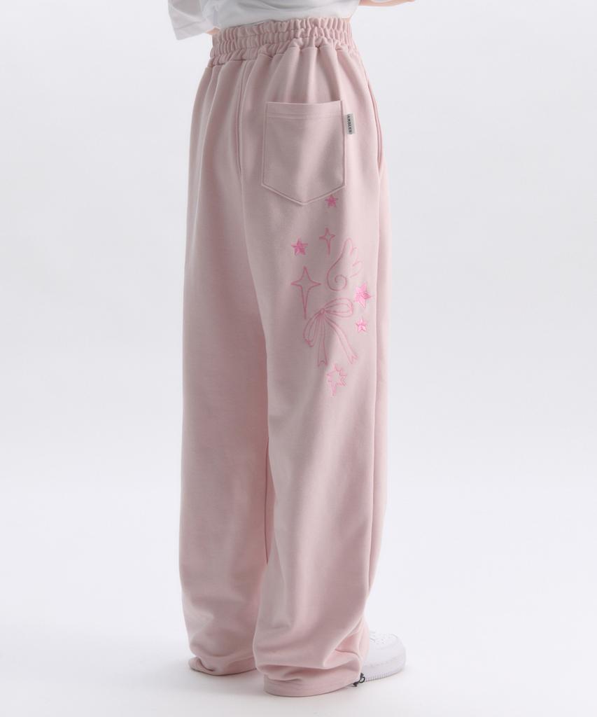AMBLER Angel And Ribbon Embroidered Pintuck 2-Way Wide Training Sweatpants Ap1002 (Pink)