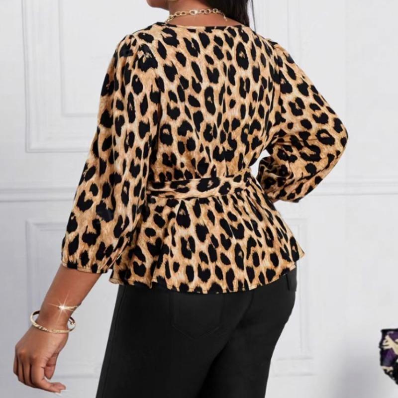 Womens Plus Size Leopard Print Blouse V Neck Belted 3/4 Sleeve Peplum Casual Top