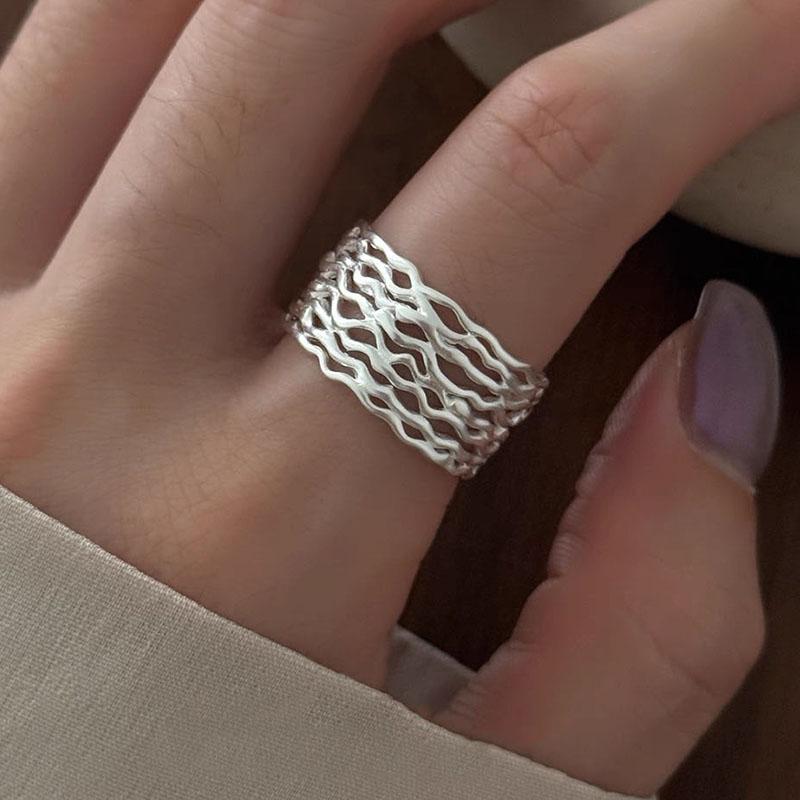 

925 Sterling Silver Rings For Women Geometric Fine Jewelry Finger Adjustable Wide Interlines Ring For Party Birthday Gift resizable