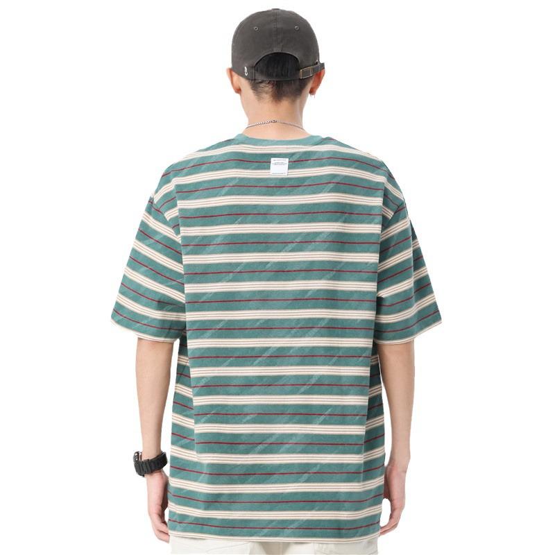 Men's Loose Fit Striped Cotton Crew Neck T-Shirt with Embroidery