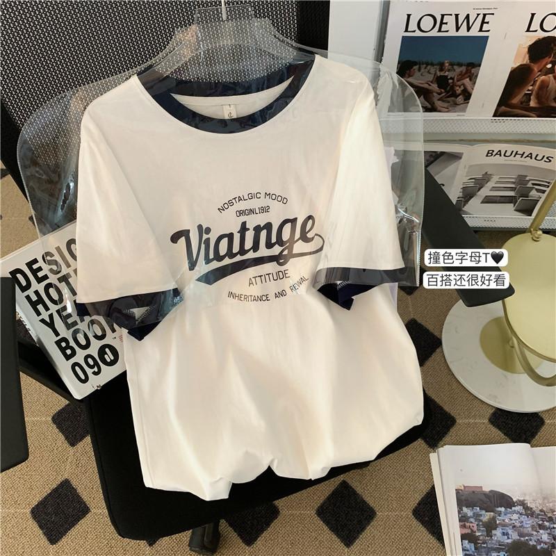 

Physical pure cotton contrasting color tide brand letter printing medium and long front shoulder short sleeve t-shirt women s tide S