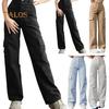 Women Cargo Pants Mid-rise Button Zipper Waist Casual Trousers with Multi Pockets Straight Leg Loose Fit Solid Color Long Pants