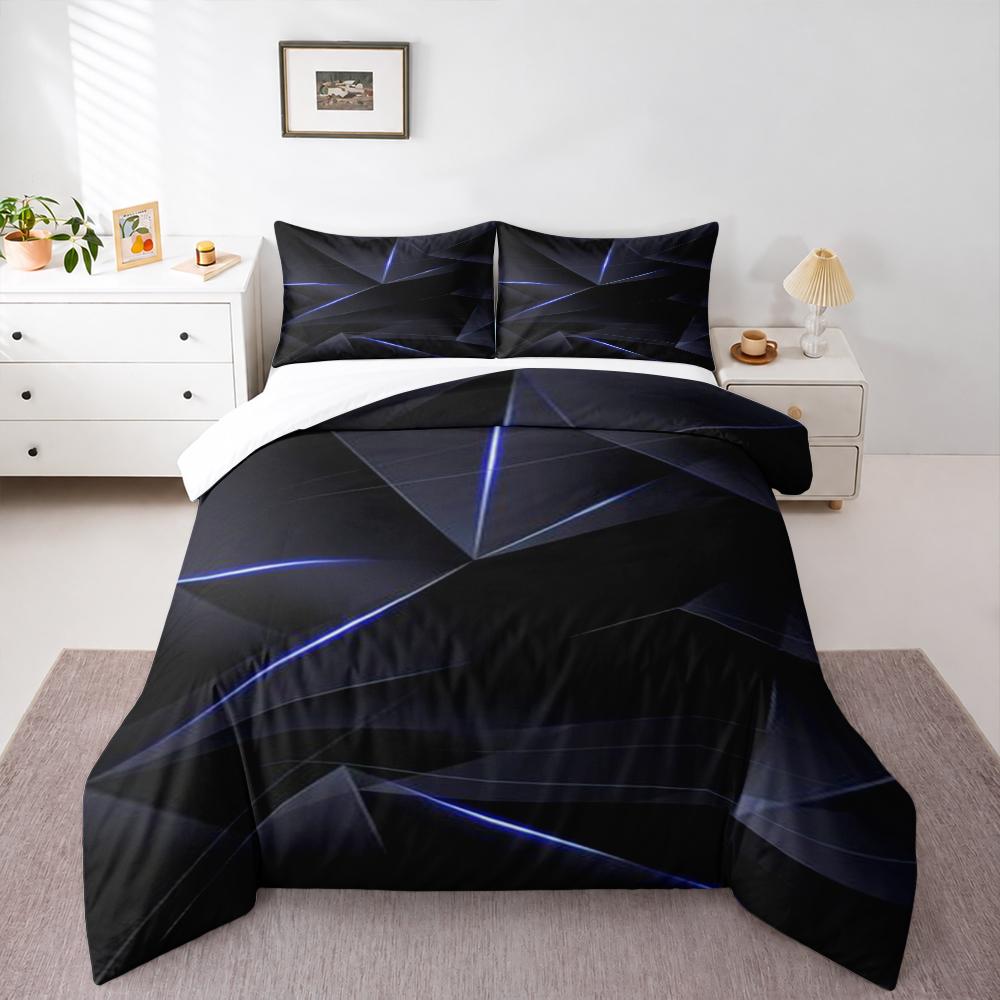 Dark Abstract Geometric Polygon Bedding set (1 duvet cover, 2 pillowcases, duvet not included), Blue Glowing Line Modern Art Print