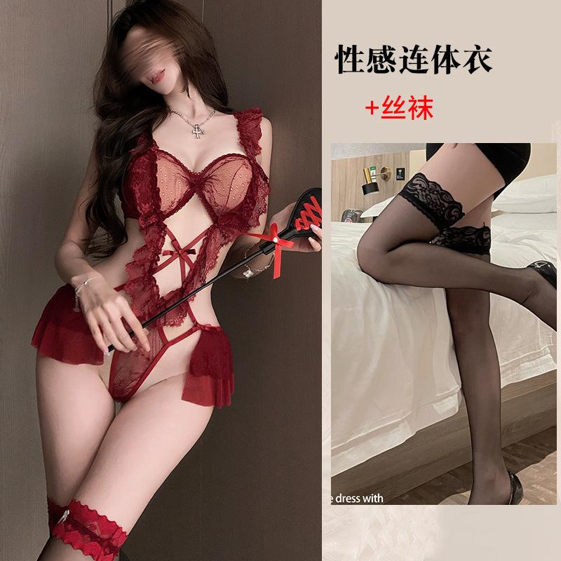 Sexy Lingerie Sexy Suspender Lace Seduction Hollowed Out Open Onesie Hot Uniform Pajamas Women