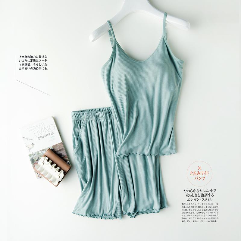 Threaded Cotton with Chest Pad Pajamas Short Sleeve Knitted One Half Sleeve + Shorts Pajamas Solid Color Simple Large Size Suit