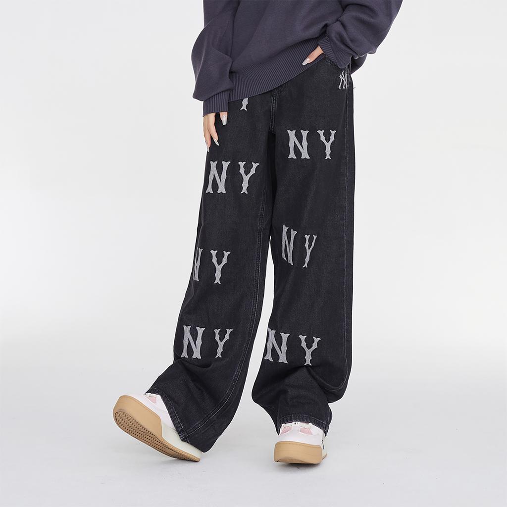 New MLB Wide Leg Jeans Pants Women's Black 3FDPB0534-50BKS