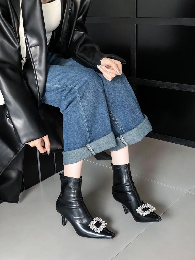 2025 autumn new rhinestone pointed thin heel high heel temperament French fashion sexy beautiful women short boots