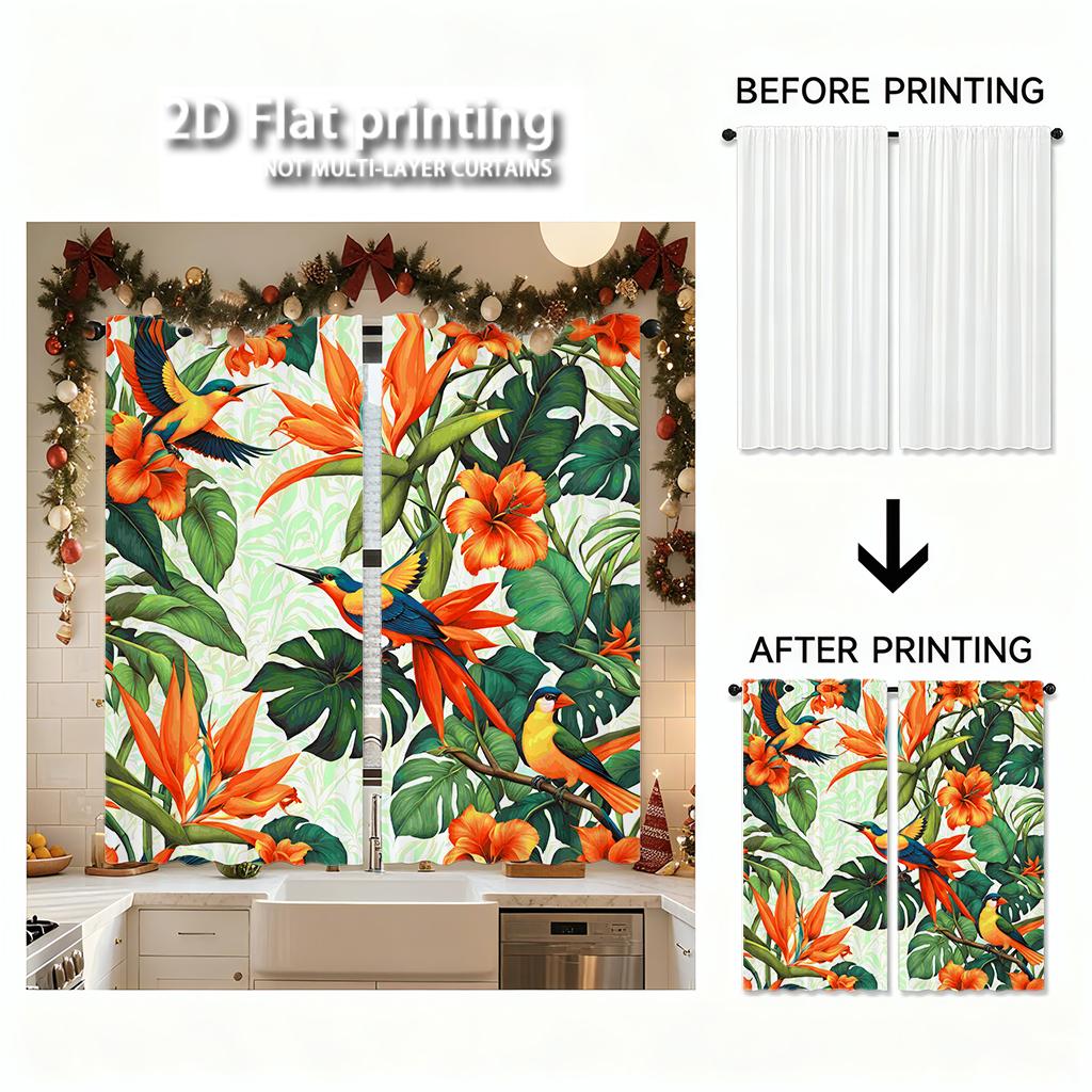 Piece Set High Definition Digital Printed Curtainstropicalfloralpatternbirdsorangegreenhome Decoration Style Curtain Made Of Polyester