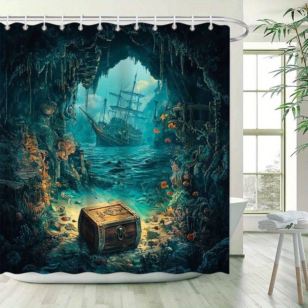 Mystical Underwater Cave Print Waterproof Shower Curtain, Treasure Chest & Ship Design High-End Toilet Partition Curtain