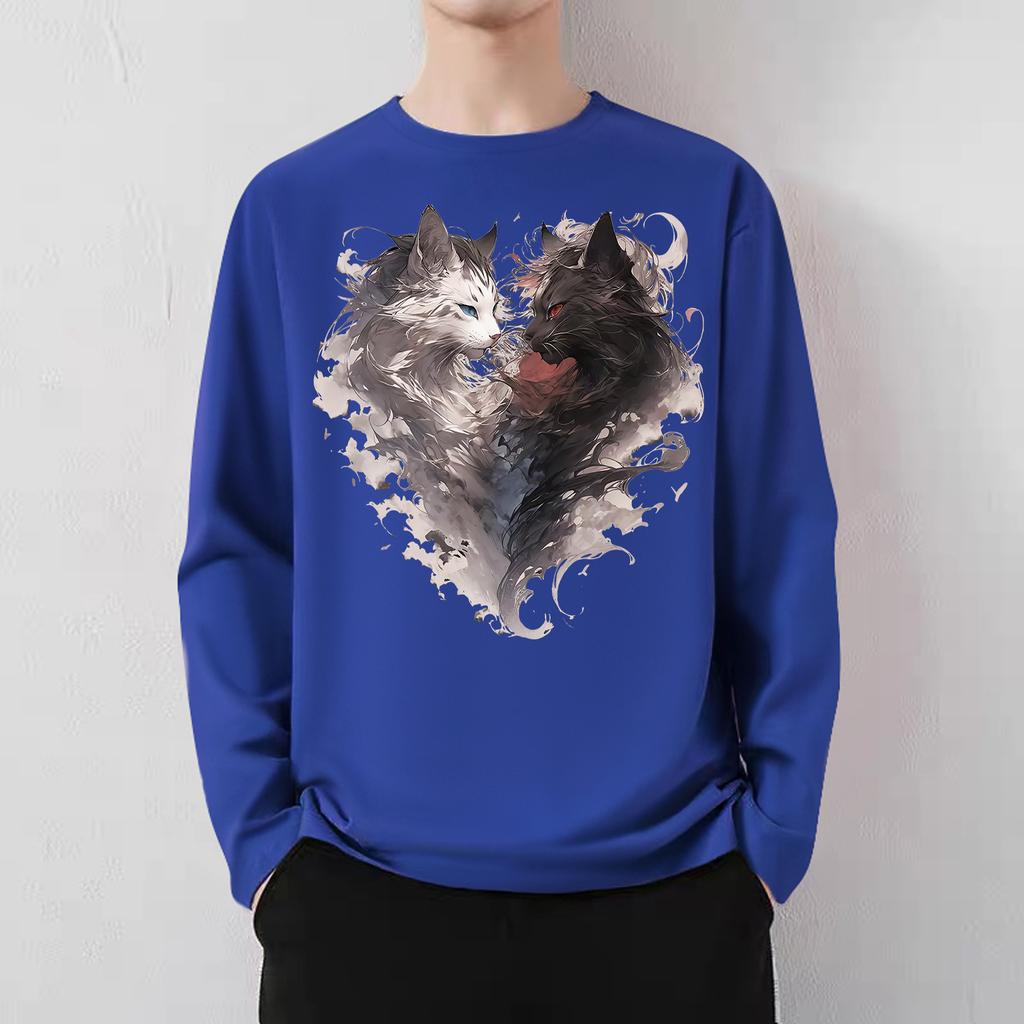 Japanese high street smoke cat print men and women 2024 spring and autumn loose American lazy chic couple crew neck t-shirt