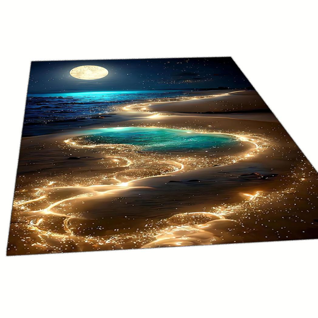 Enchanting Sea and Moon Patterned Area Mat – Non-Slip, Washable, Large Size Floor Mat with Starry Night Beach Desi 60x90cm