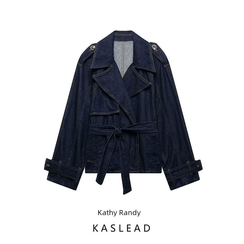 Kaslead New Women Clothes Western Style Fashion Short Wide Design Sense Denim Long Sleeve Trench Coat