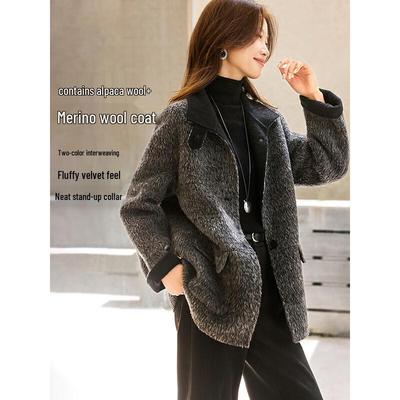 Women's Elegant Two-Tone Alpaca Blend Wool Coat