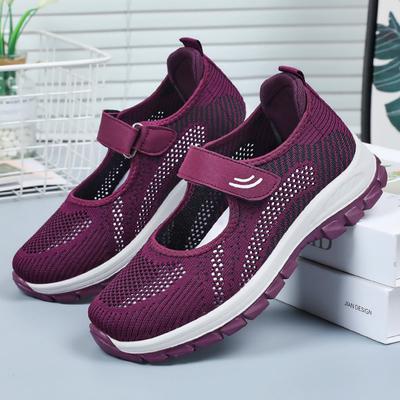Schuhe für Frauen im Sommer Mesh Walking Schuhe Fliegendes Strick Atmungsaktiv Mittelalte Mutter Schuhe Klettverschluss Damen Schuhe