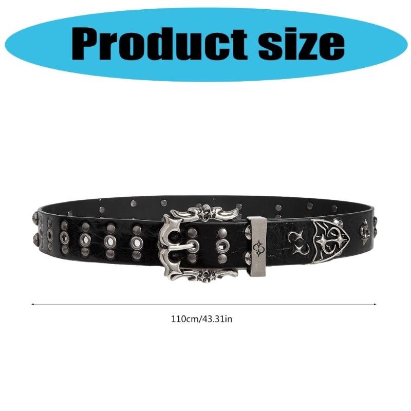 Gothic Studded Belt for Women Slightly Adjustable Clasp Double Row Hole Nonslip Design PU Leather Waistband