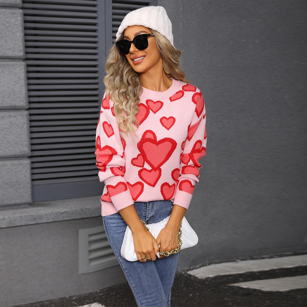 

Новый вязаный топ с круглым вырезом для осени модный и универсальный. Это жаккардовый свитер с маленькими сердечками в форме сердца XL розовый