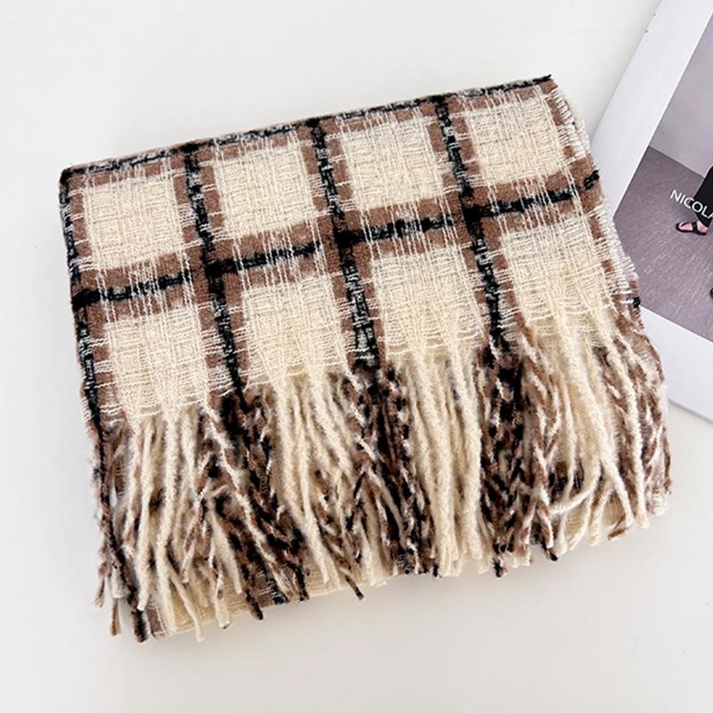 

Plaid scarf women s winter retro versatile thickened warm long shawl student dual-purpose scarf tide бежевий
