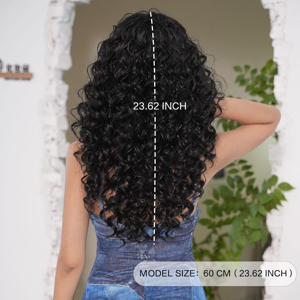 Europäischer und Amerikanischer Stil Damen Schwarz Lockige Perücke Tiefe Welle Lange Federlocken mit Luftigem Pony Vollperücke für Schwarzes Haar