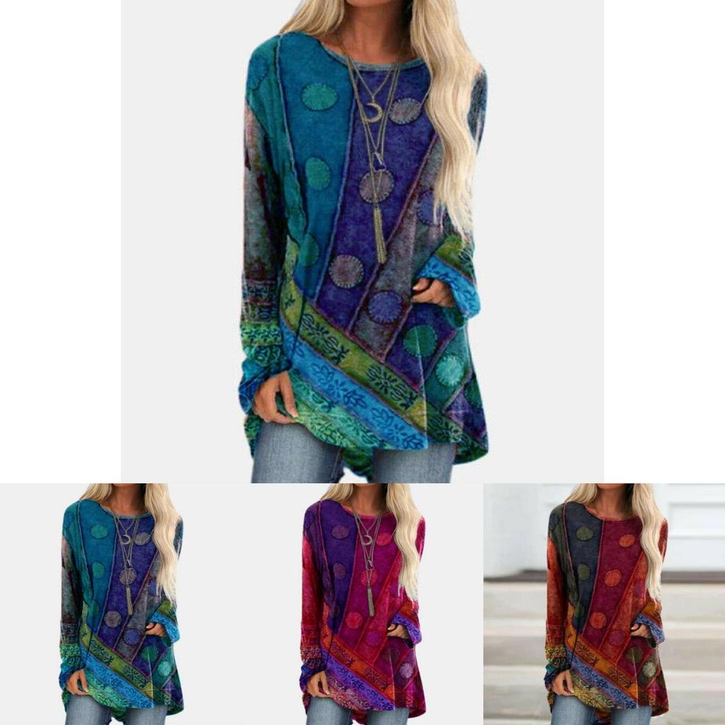 Plus Size Womens Hippie Boho Long Sleeve Tops With Soft Material And Floral Pattern