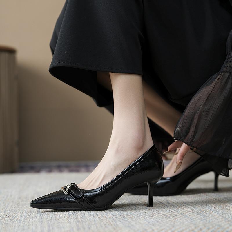Versatile designer retro temperament belt buckle high heels women's pointed stiletto single shoes spring