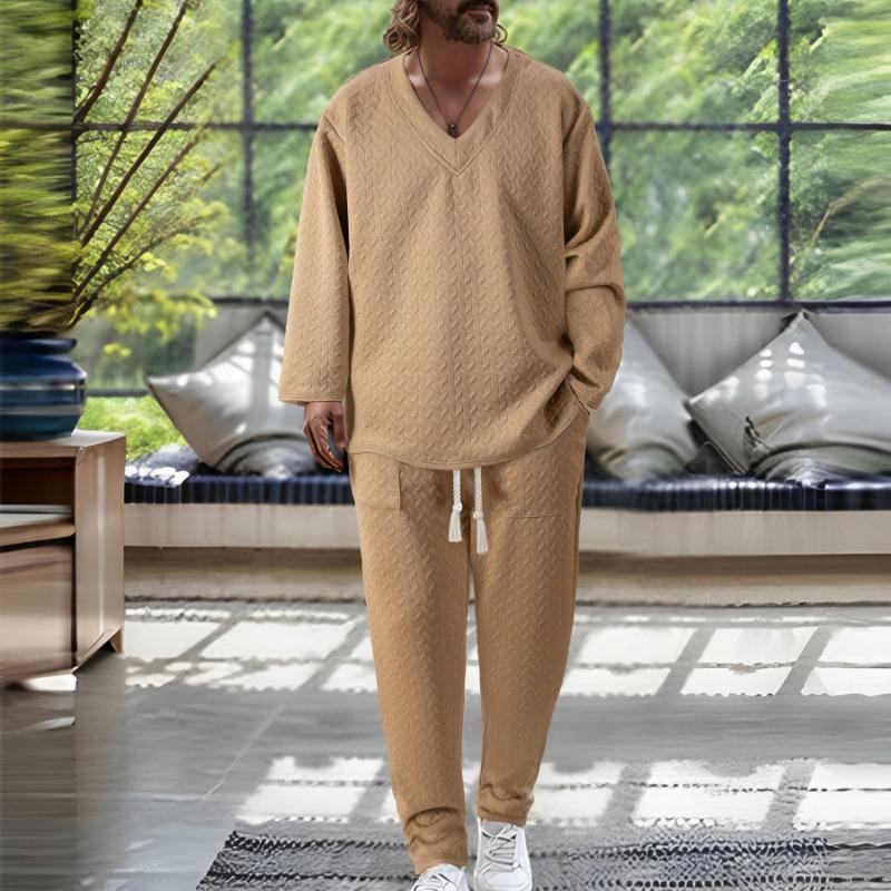 Autumn Casual Men's Textured  Solid Color V-neck Pullover Short Sleeve Drawstring Pocket Trousers Set