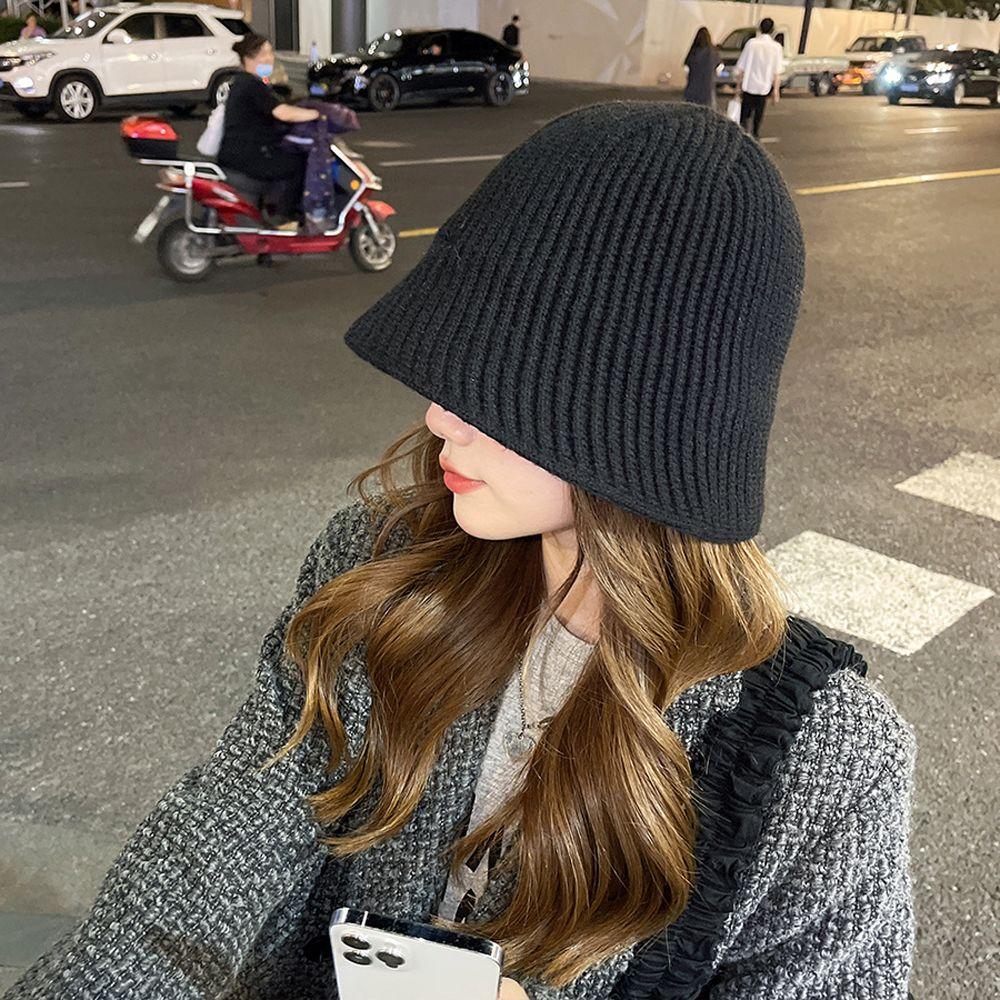 For Girl Windproof Warm Fashion Solid Color Bucket  Hat Women Hat Korean Style Beanies Knitted Hat