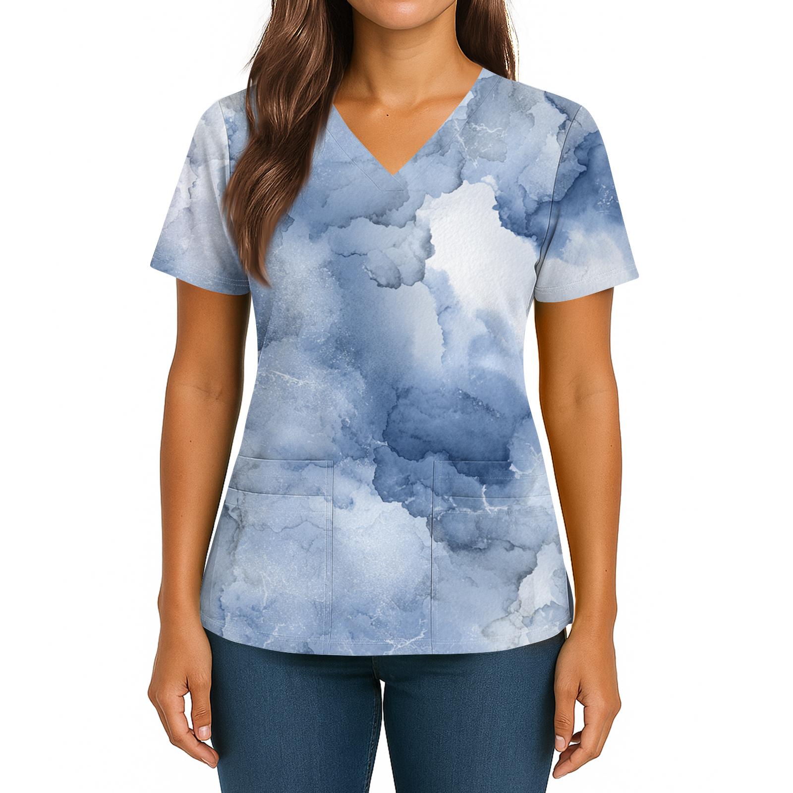 

Женский топ с градиентным принтом, V-образным вырезом, двойным карманом, короткими рукавами, разрезом по низу, униформа для ухода XXL