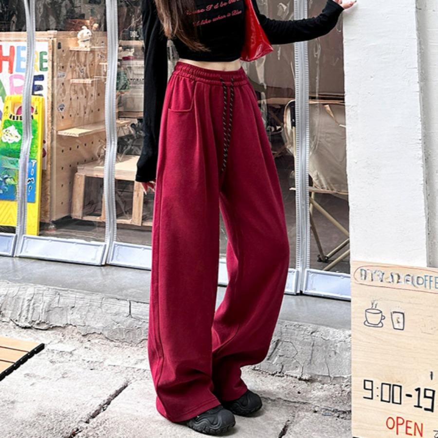 

Красные широкие брюки для женщин, осенние брюки прямого покроя с высокой талией, облегающие повседневные длинные брюки до пола L красный