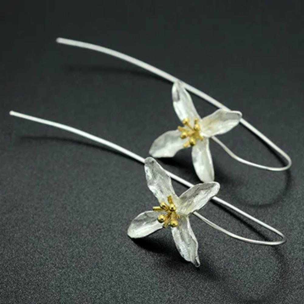 925 Silver Long Flower Earrings Elegant Lady Prevent Allergy Fashion Jewelry New Design
