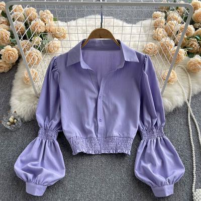 Bubble Sleeve Blouse Top Women's Waisted Short Chic Temperament Shirt