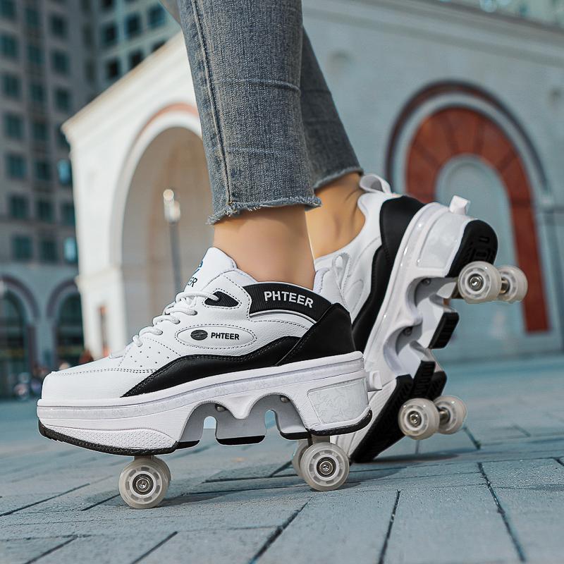 33-42 Kids/ Mens Four Wheels Sneakers with On Double Wheels Roller Sneakers Deformation Roller Skate Shoes for Girls