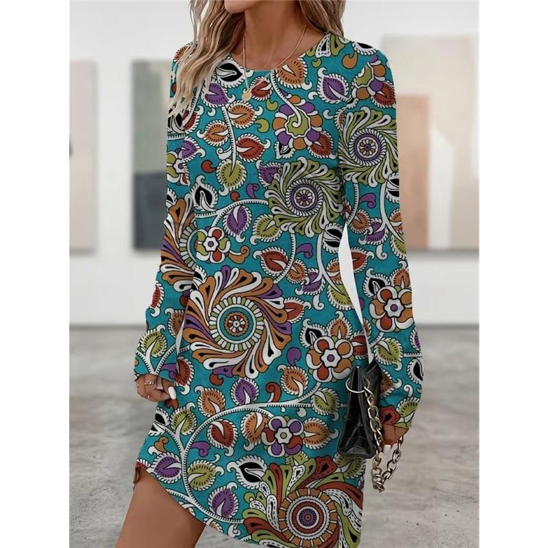 Spring Autumn Women Dress Casual Long Sleeve O-neck 3D Print Loose A-Line Dress Oversized Home Wear Robe