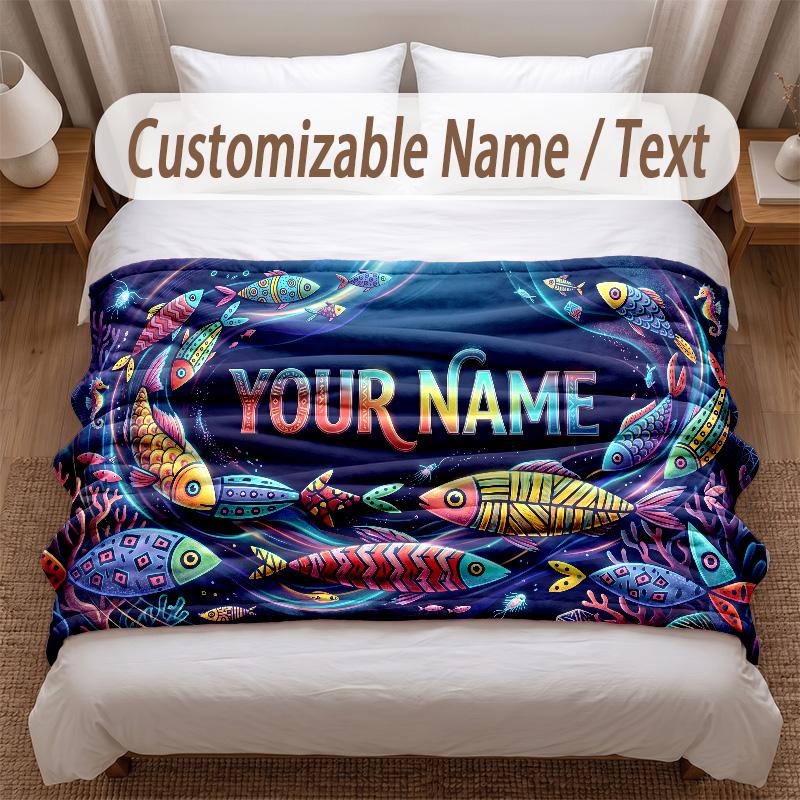 Fish Ocean Theme Soft Blanket Personalized Custom Name Text Print Warm Blanket Home Sofa Bedroom Decor