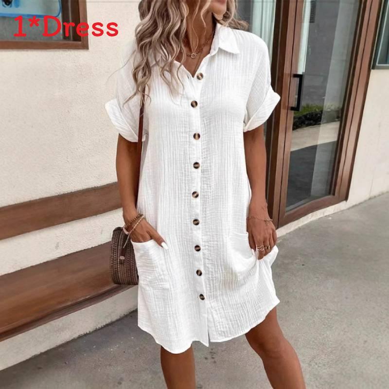 Polyester A Line Dress With Button Details For Casual Summer Wear
