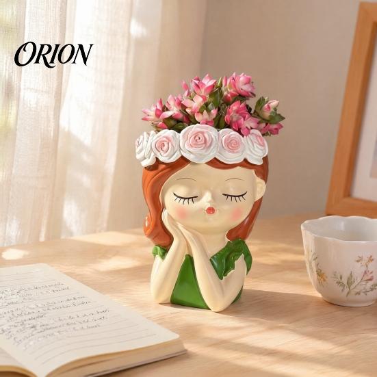 Maceta para Suculentas Chica Linda Maceta de Resina, Maceta Cabeza con Guirnalda de Rosas, Maceta Decorativa Cactus Decoración de Escritorio Interior