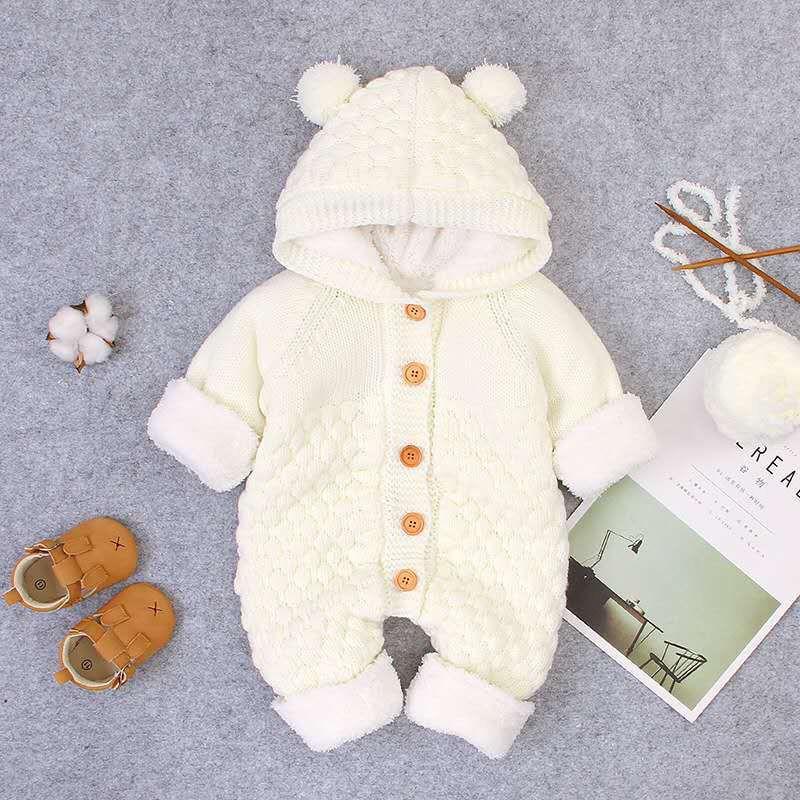 Newborn Toddler Baby Boys Girls Hooded Romper Jumpsuit Thickened Knitting Outfit