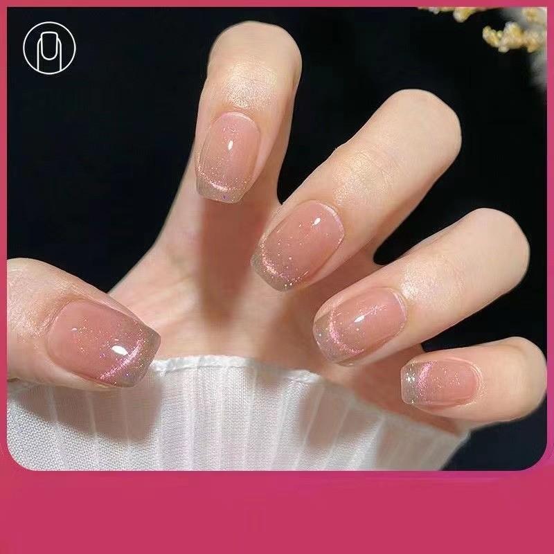 Handmade Nails Simple French Cat Eye Manicure Wearing Nail Fresh Bare Powder Phototherapy Nail Finished Art Nail Patches