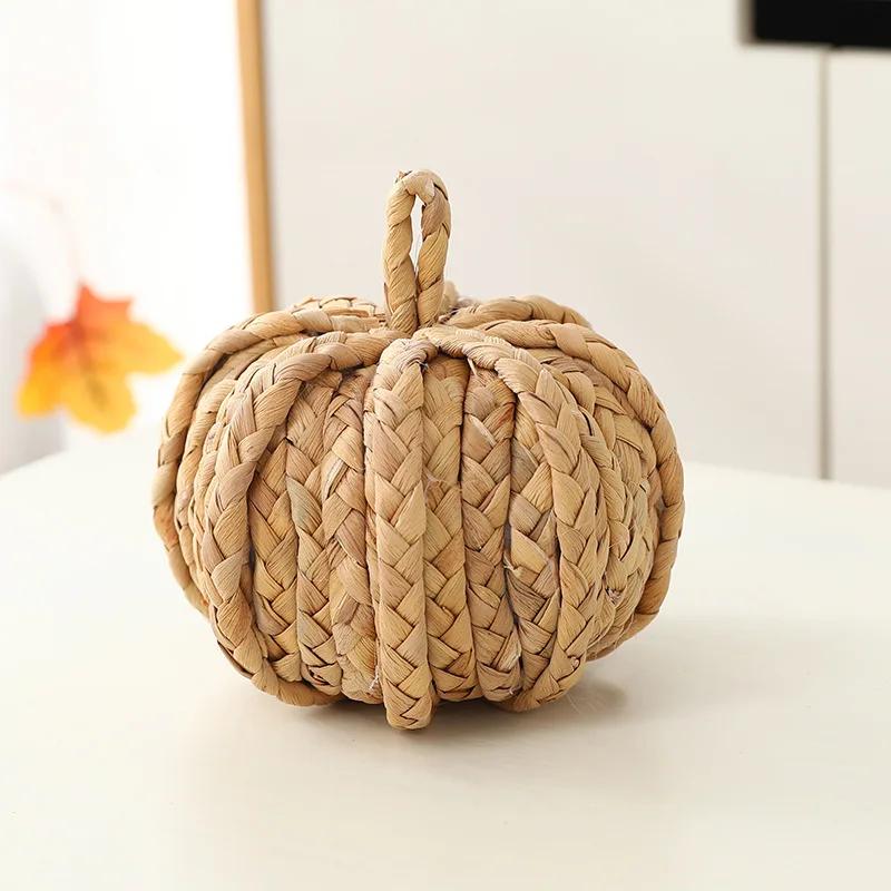 Rattan Pumpkin Figurine - Harvest Autumn Table Decoration Fall Home Ornaments Statue Stylish Seasonal Decor for Indoor Display