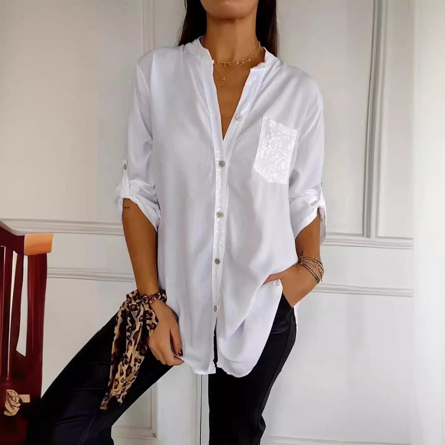 

Women s V-Neck Long Sleeve Blouse with Sequin Trim, Button Front, Chest Pocket, Adjustable Cuff Tie 5XL білий