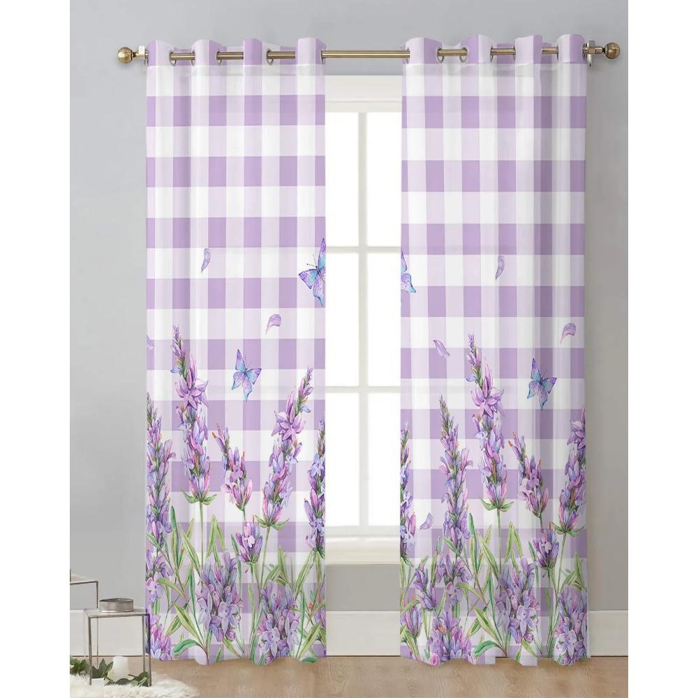 Violet Purple Lavender Floral Butterfly Plaid Violet Purple Transparent Curtains Living Room Decoration Window Panel Curtain Cooking Area Netting