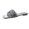 New Summer One-word Slippers Women's Summer Fashion Outer Wear Temperament Black Elegant Rhinestone Thick Heel Square Head Cool Slippers