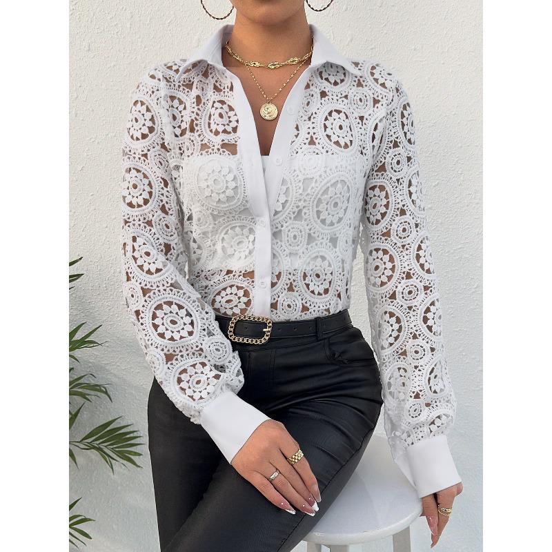 women s Hollow Out Lace Turn Down Collar V Neck Long Sleeve Blouse Casual Shirt Top S белый