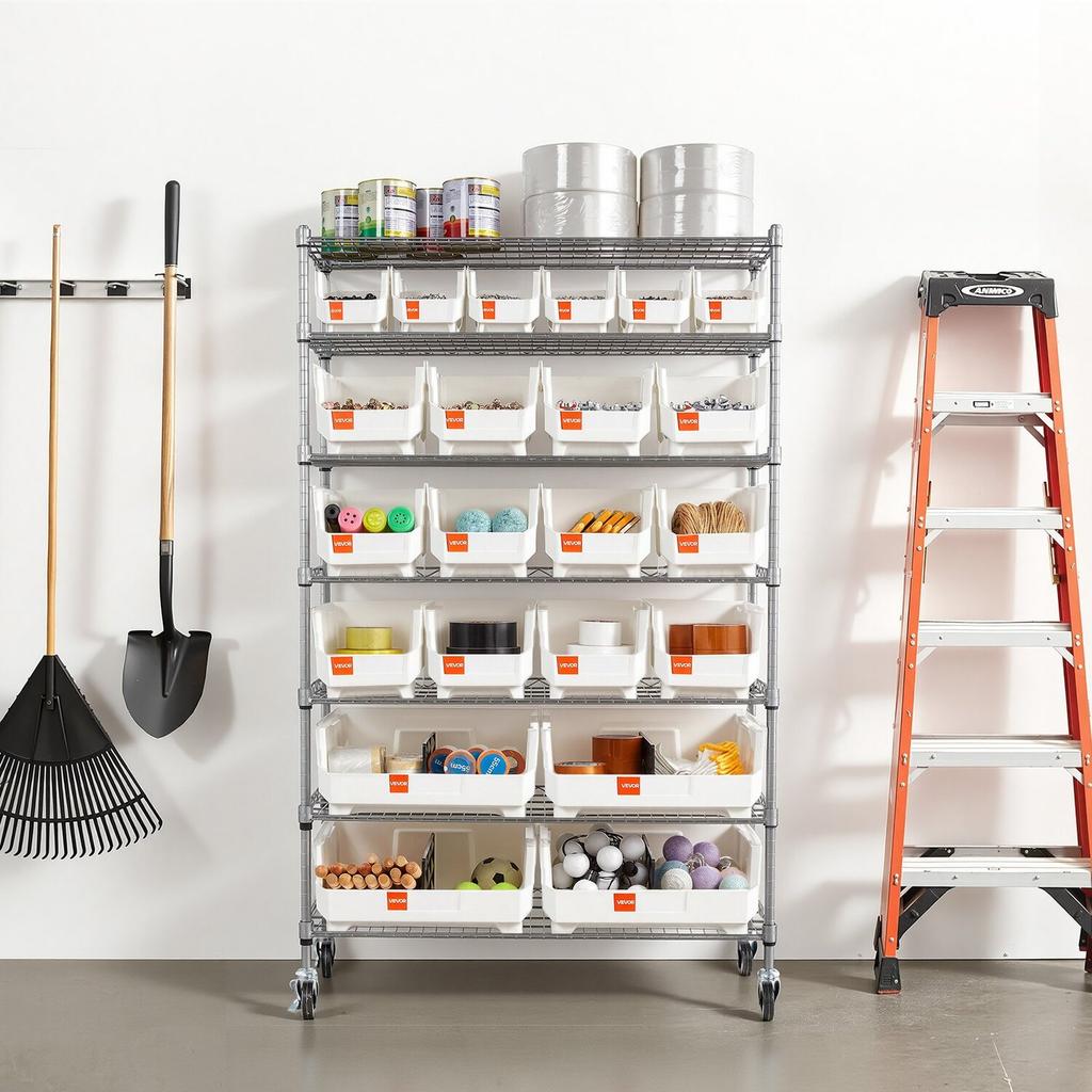 7-Tier Rolling Bin Storage Rack, 22 Organizer Bins, Bin Rack Storage Steel Wire Shelving System with Wheels, Mobile Tool Organizer for Garage,