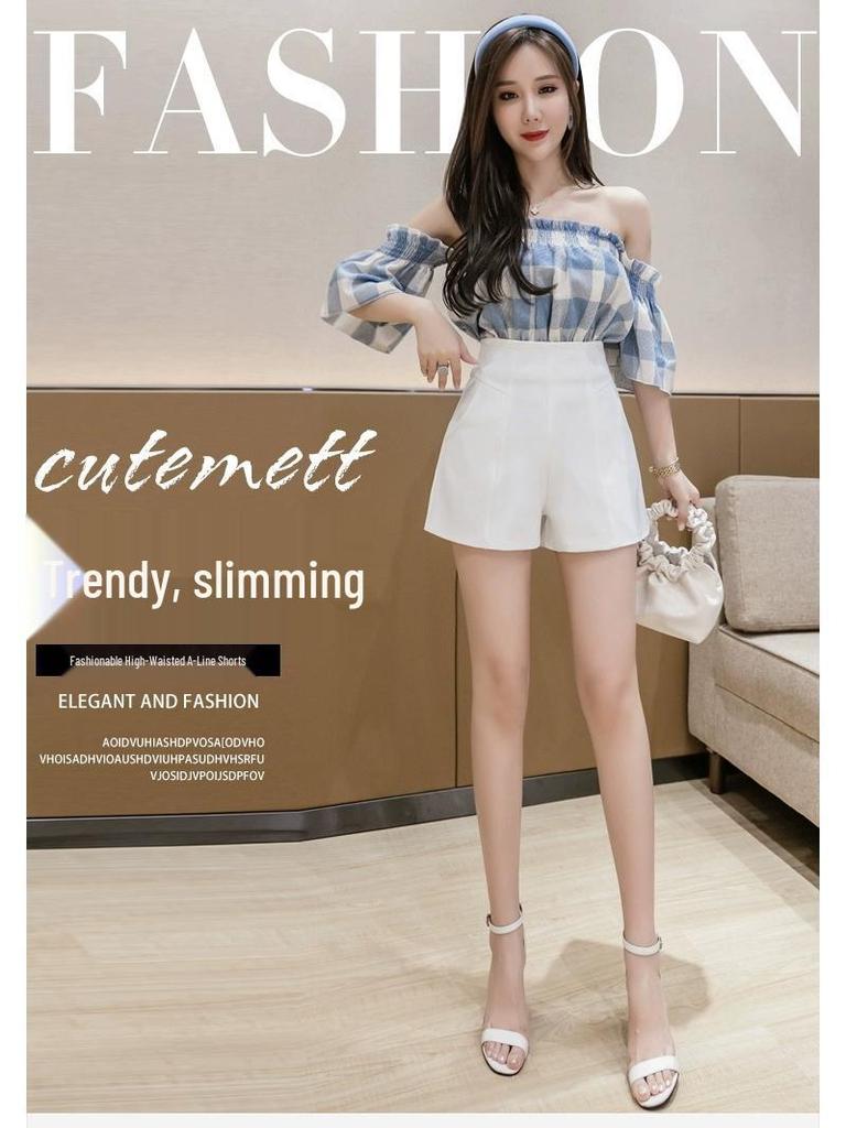 Summer 2024 Women's Black A-line High Waisted Wide Leg Suit Shorts - Korean Style